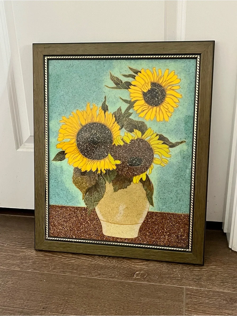 Vintage Ceramic Tile Art Arrangement Of Three Sunflowers In Vase 17/21 Inches